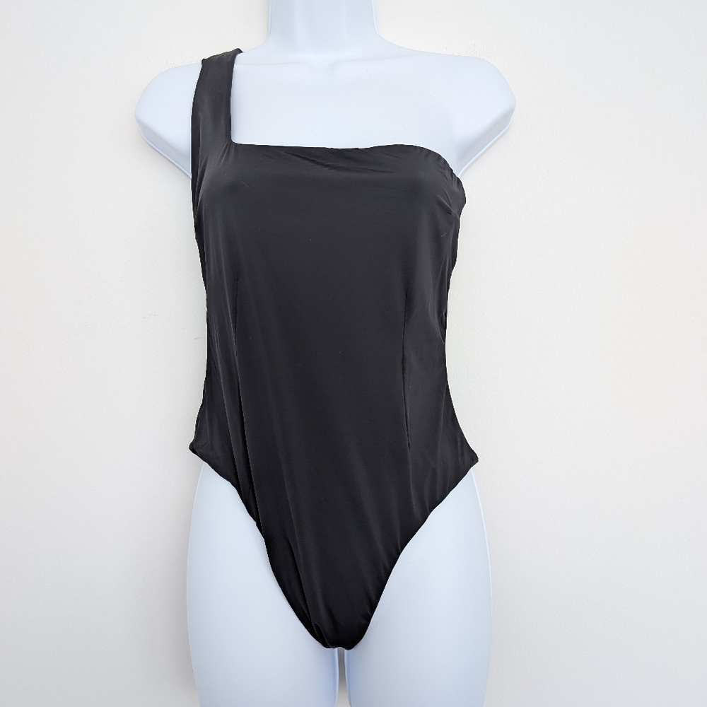 Haight Stretchy Black One-Shoulder Cutout Back Swimsuit Sz est. M/L Luxury